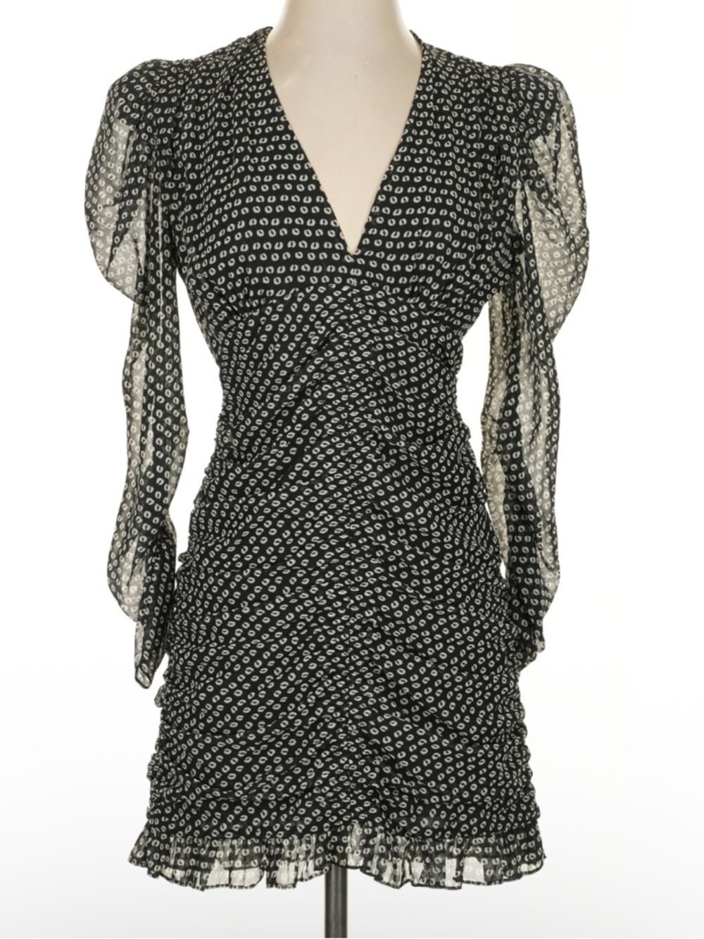 Zara Draped Mini Dress Black Polka Dot Ruched Sheer Sleeve V Neck Small NWT - Picture 2 of 6